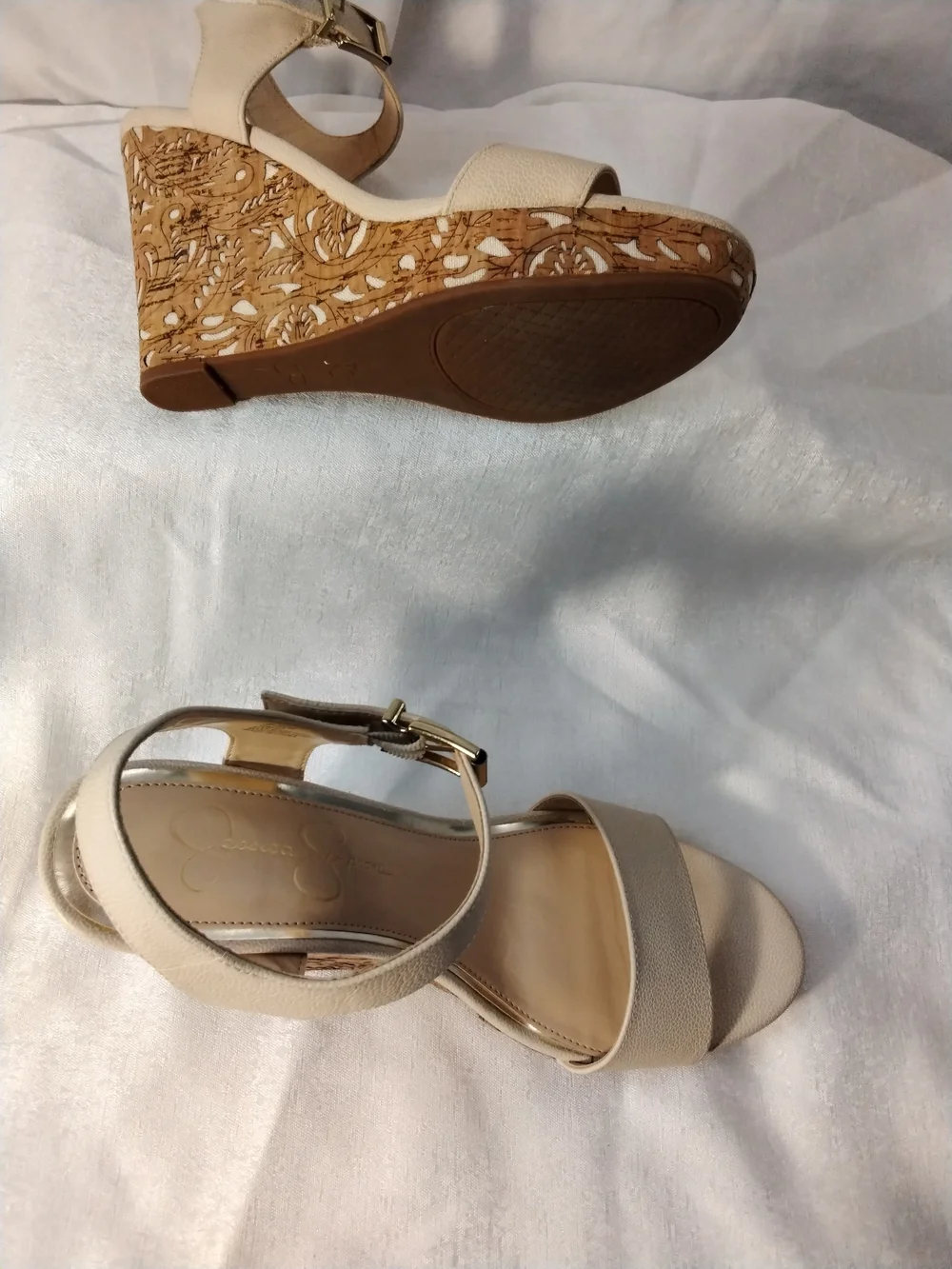 Jessica Simpson Cream Wedge Sandals with Cork-Style Wedge